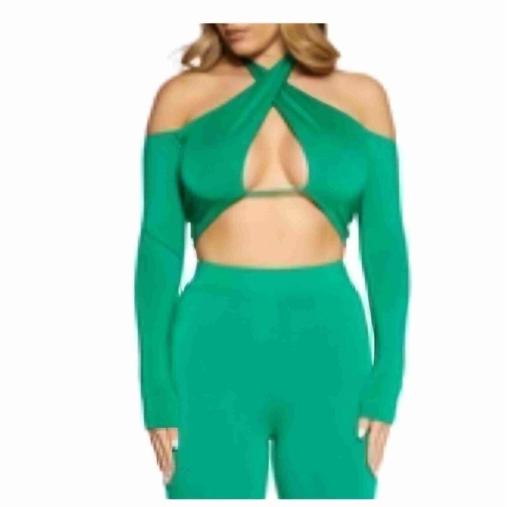 Naked Wardrobe Kelly Green Long Sleeve Cut Out Shirt Medium